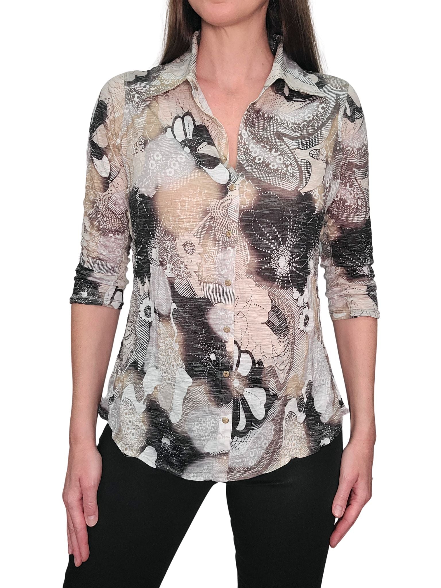 크러쉬드 3/4 슬리브 리프 셔츠 