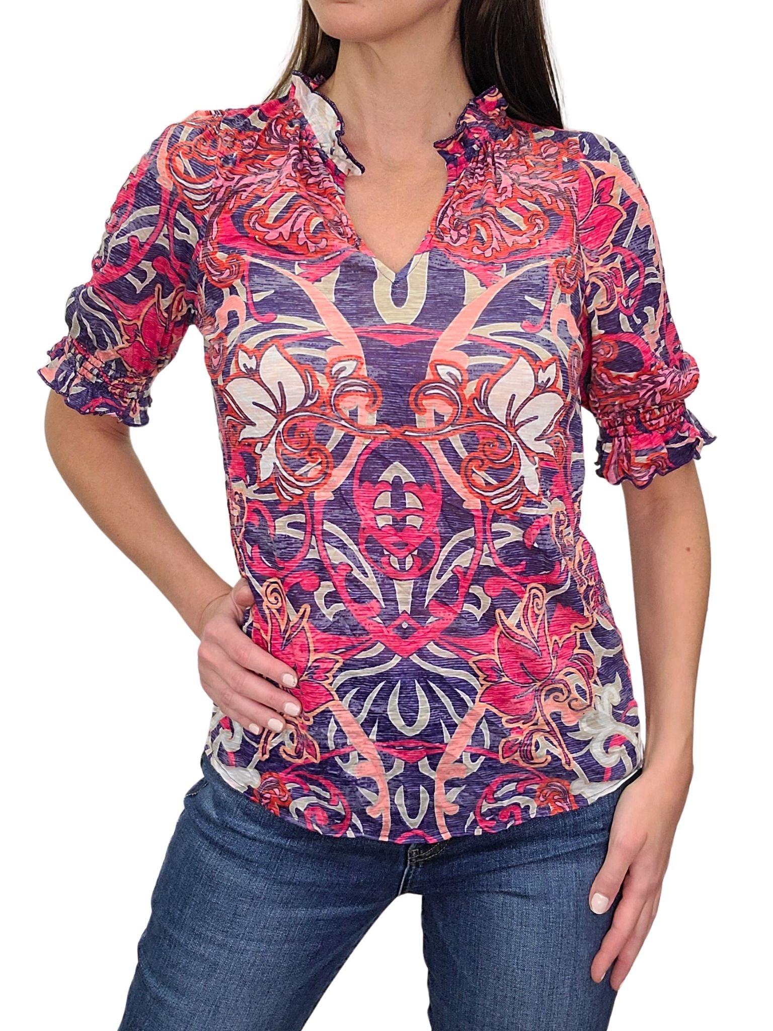 Ruffled Collar 'Rouge' Blouse with Smocked Sleeves