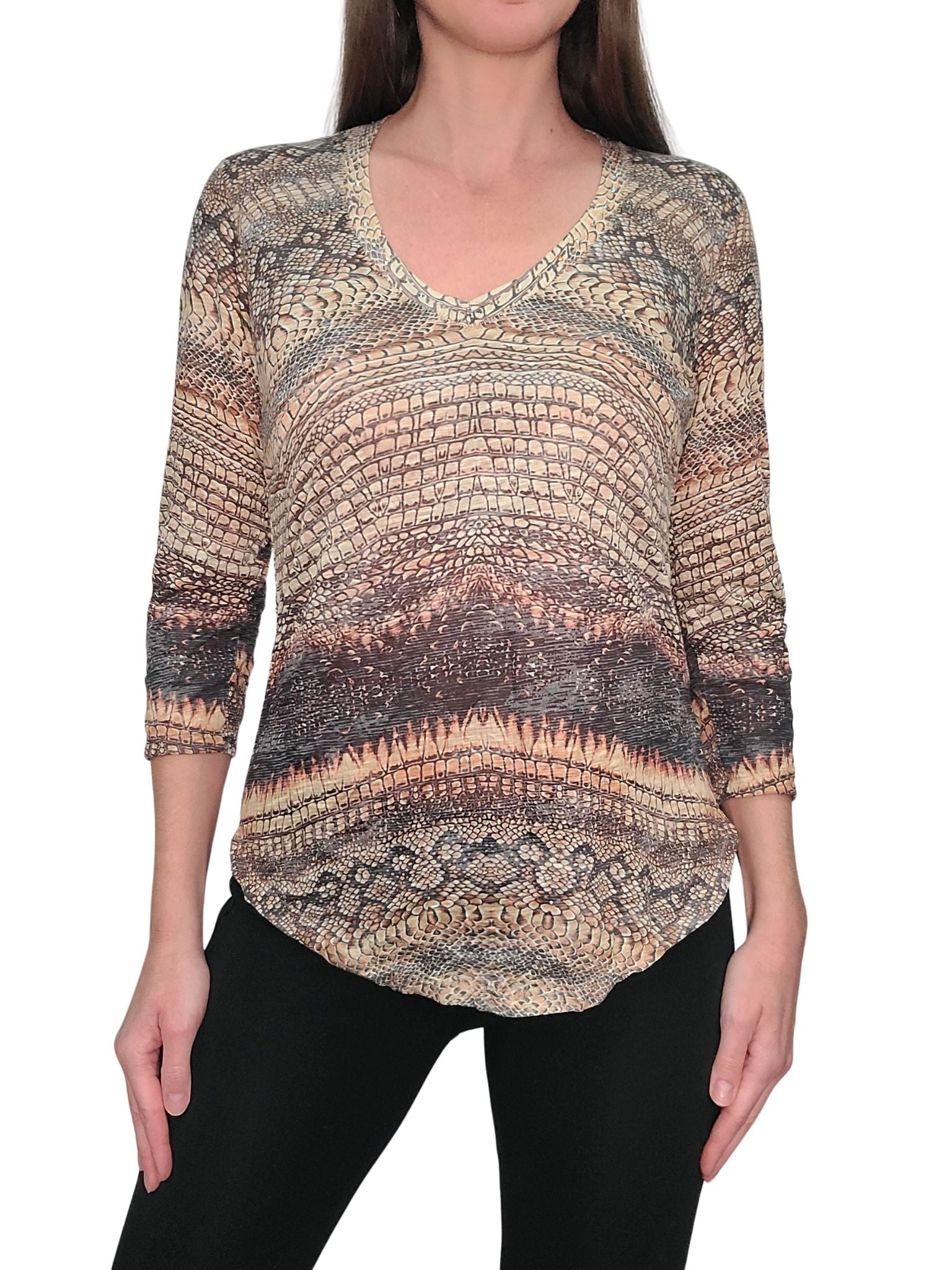 Crushed 3/4 Sleeve 'Reptile' V-Neck with Rhinestones