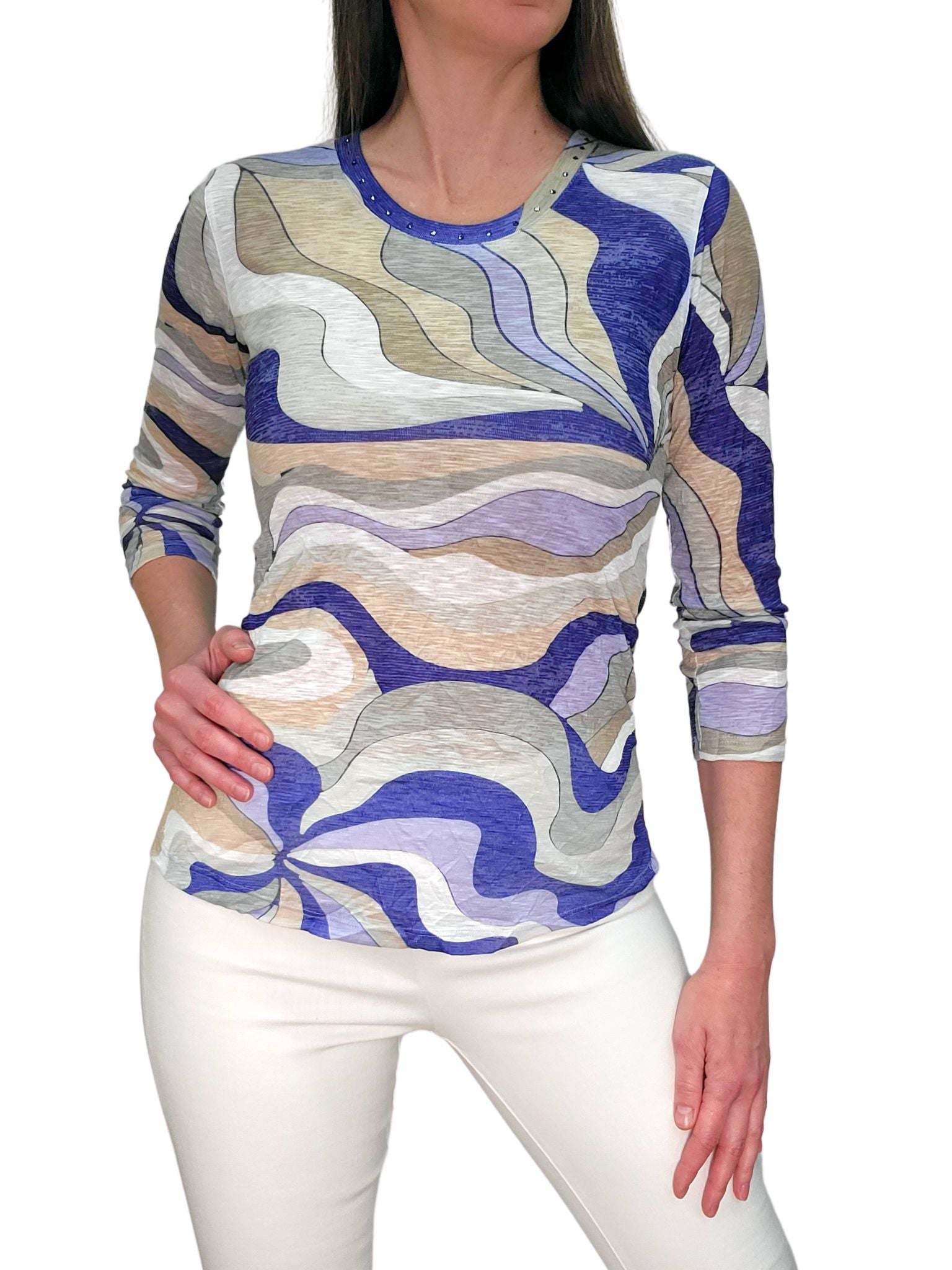 크러쉬드 3/4 슬리브 웨이브 크루넥 w/스톤