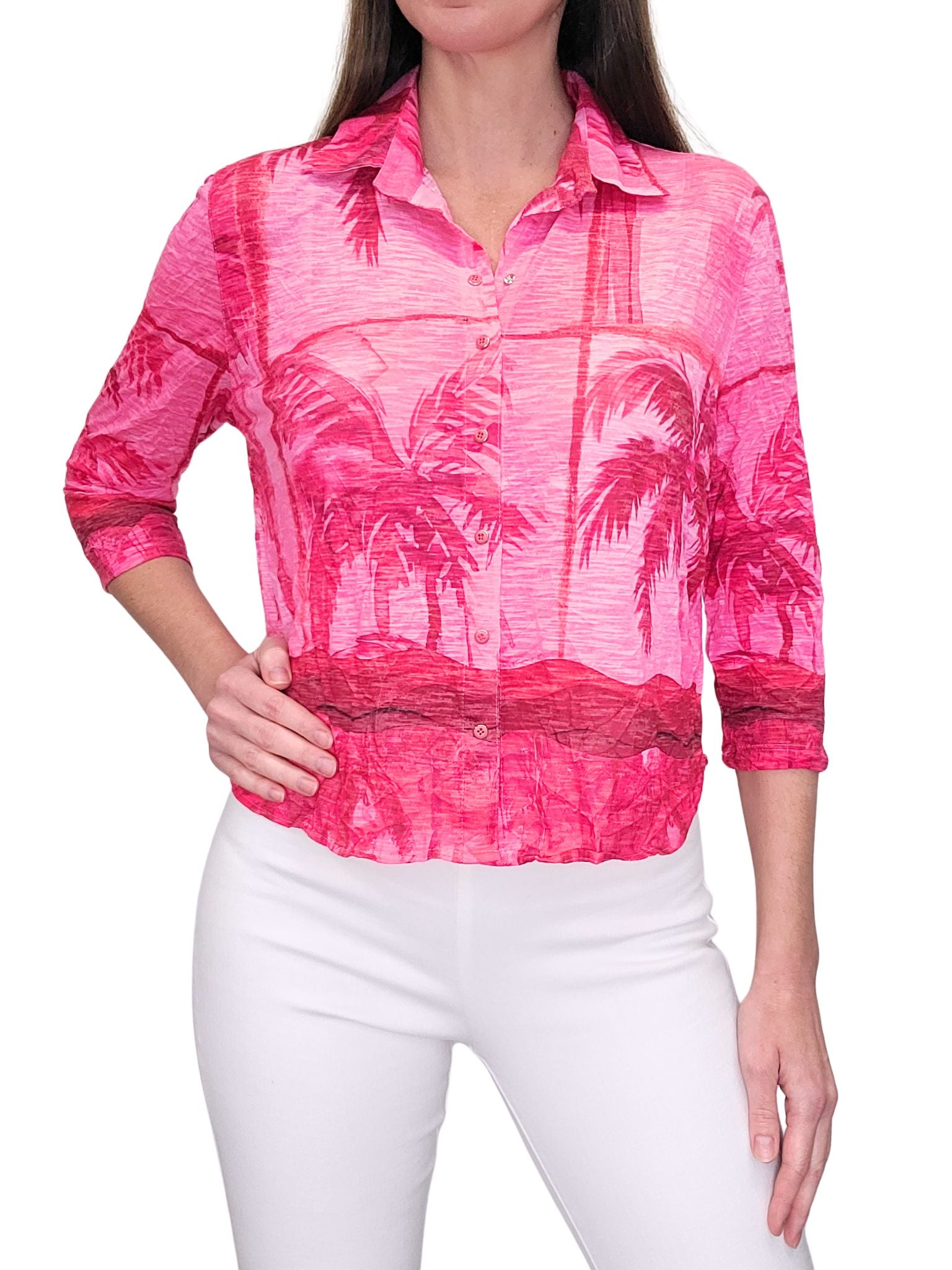 Hemd mit zerknittertem Blattmuster und 3/4-Ärmeln 