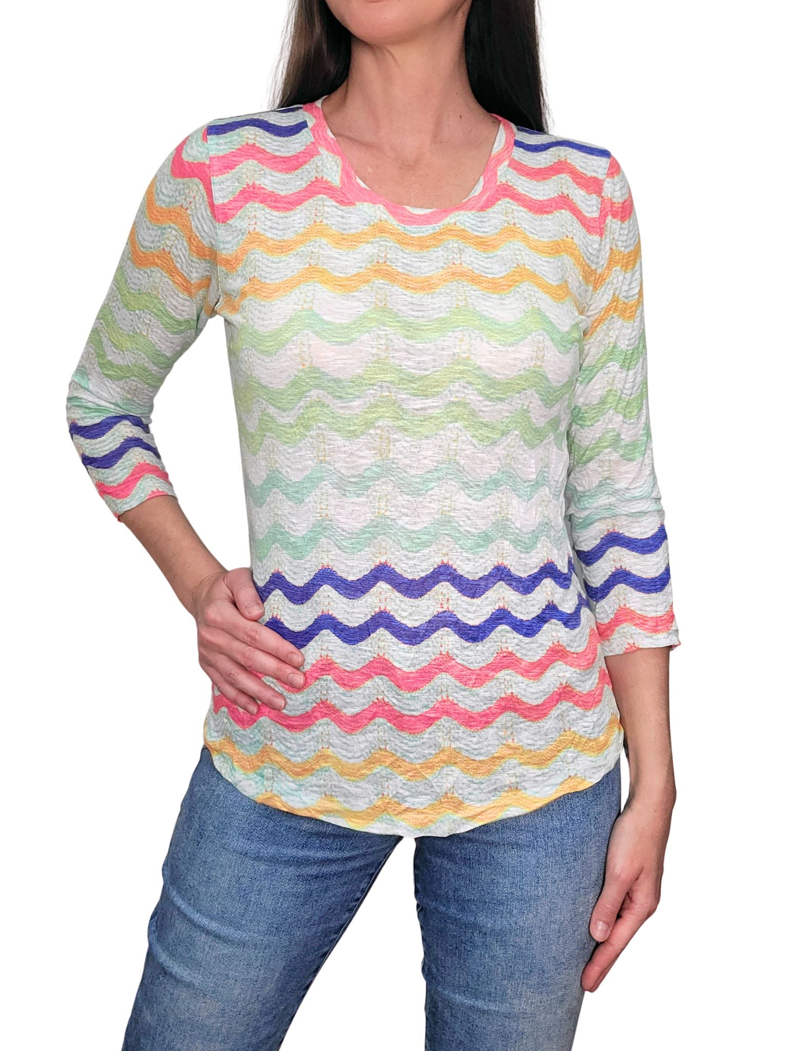 크러쉬드 3/4 슬리브 웨이브 크루넥 w/스톤