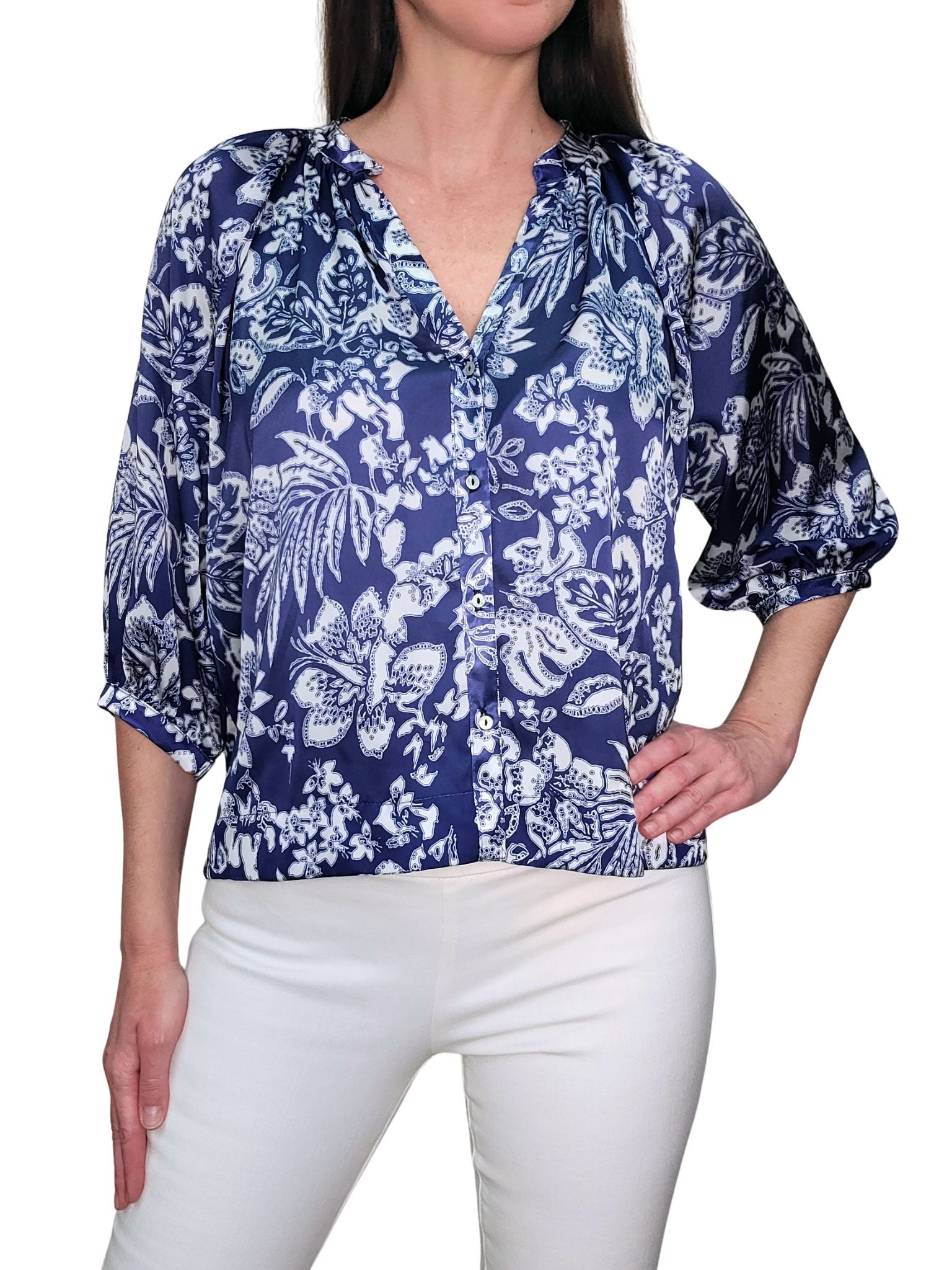 'Navy' Satin Button-up Blouse