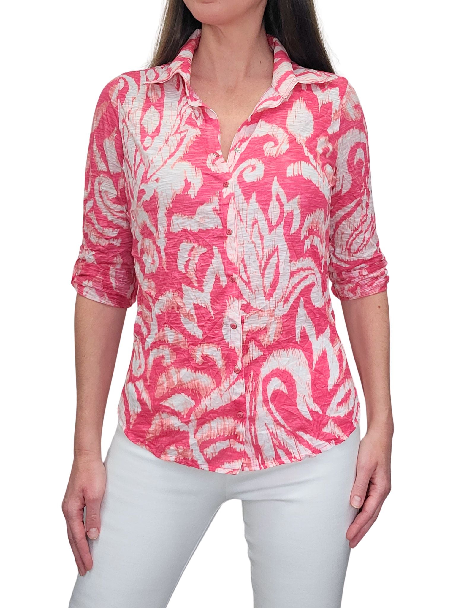 크러쉬드 3/4 슬리브 리프 셔츠 