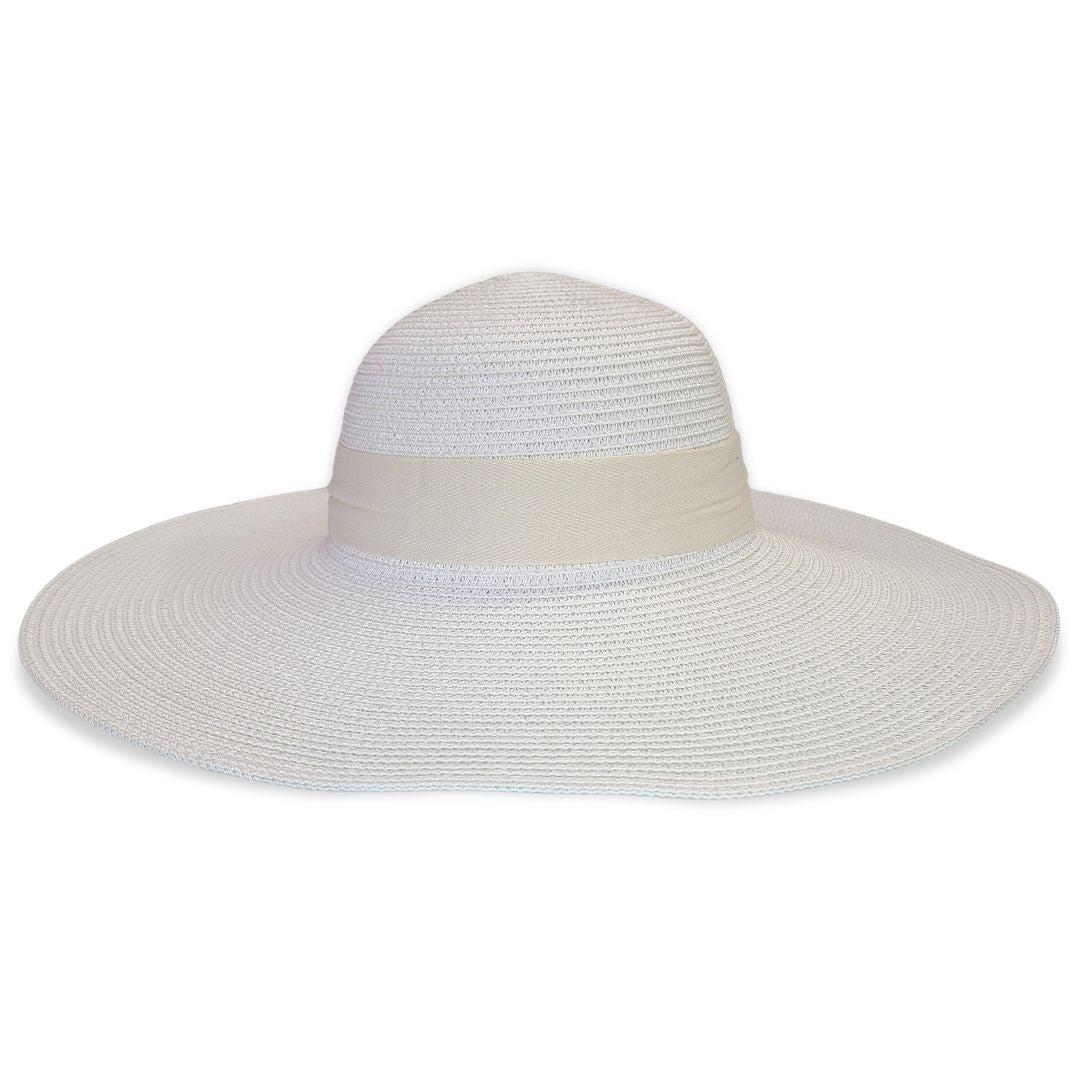 White straw hat with a wide brim on a white background