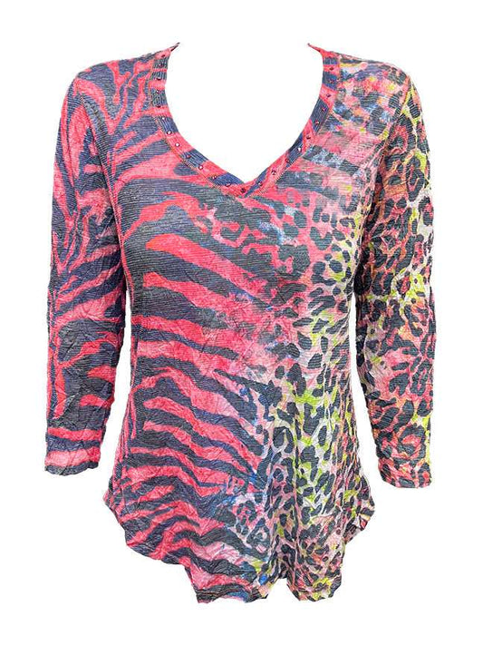 Crushed 3/4 Sleeve Cerise V-Neck w/Stones