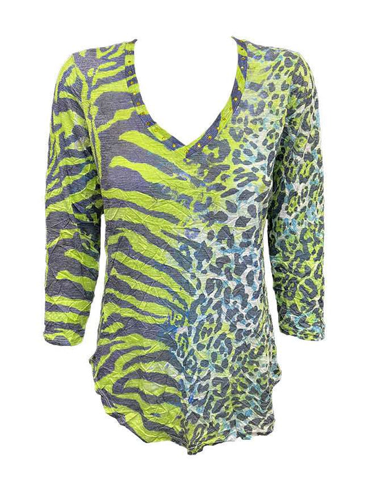 Crushed 3/4 Sleeve Lime V-Neck w/Stones