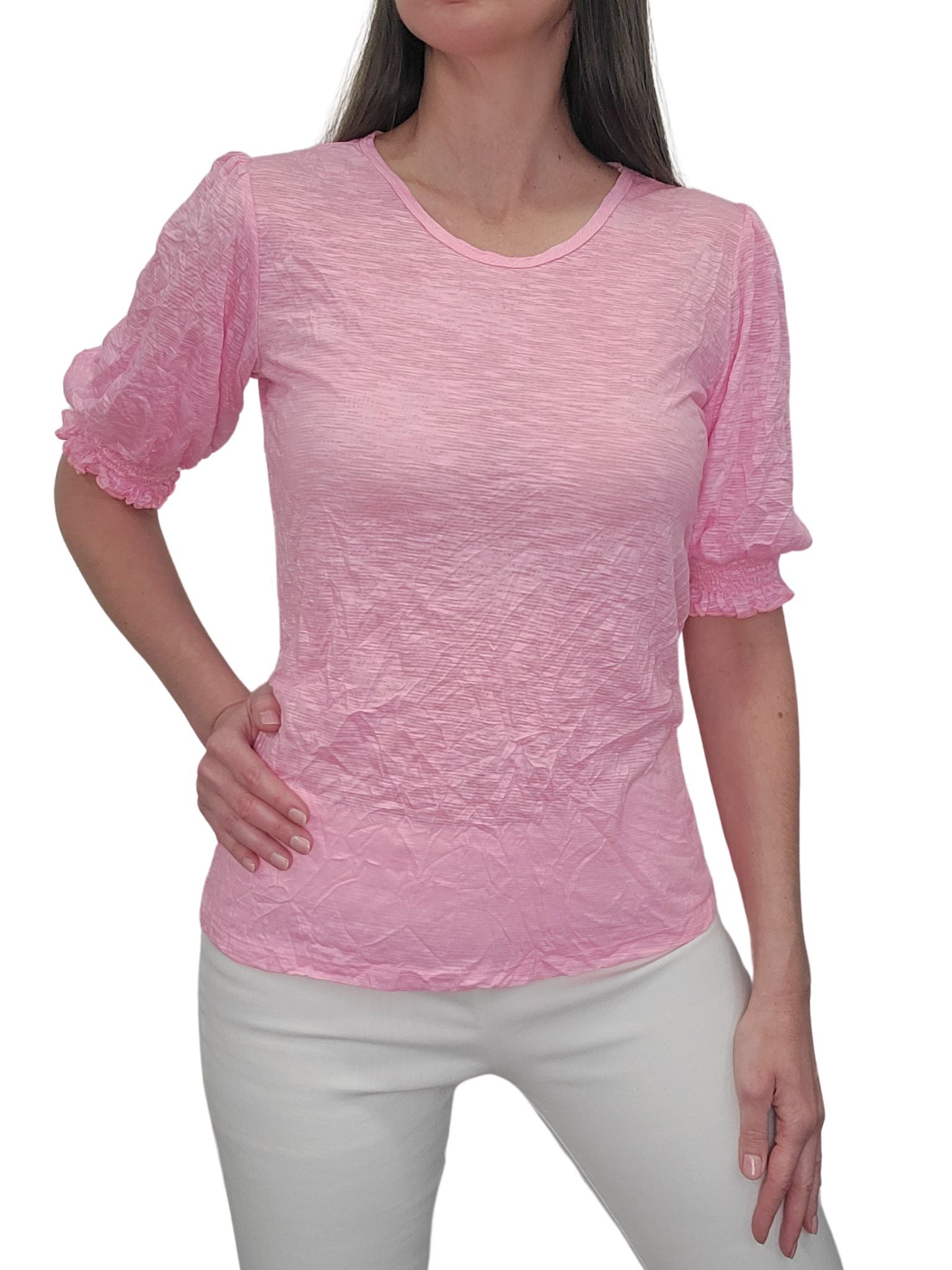 Crushed Smocked Sleeve Blush Crew Neck