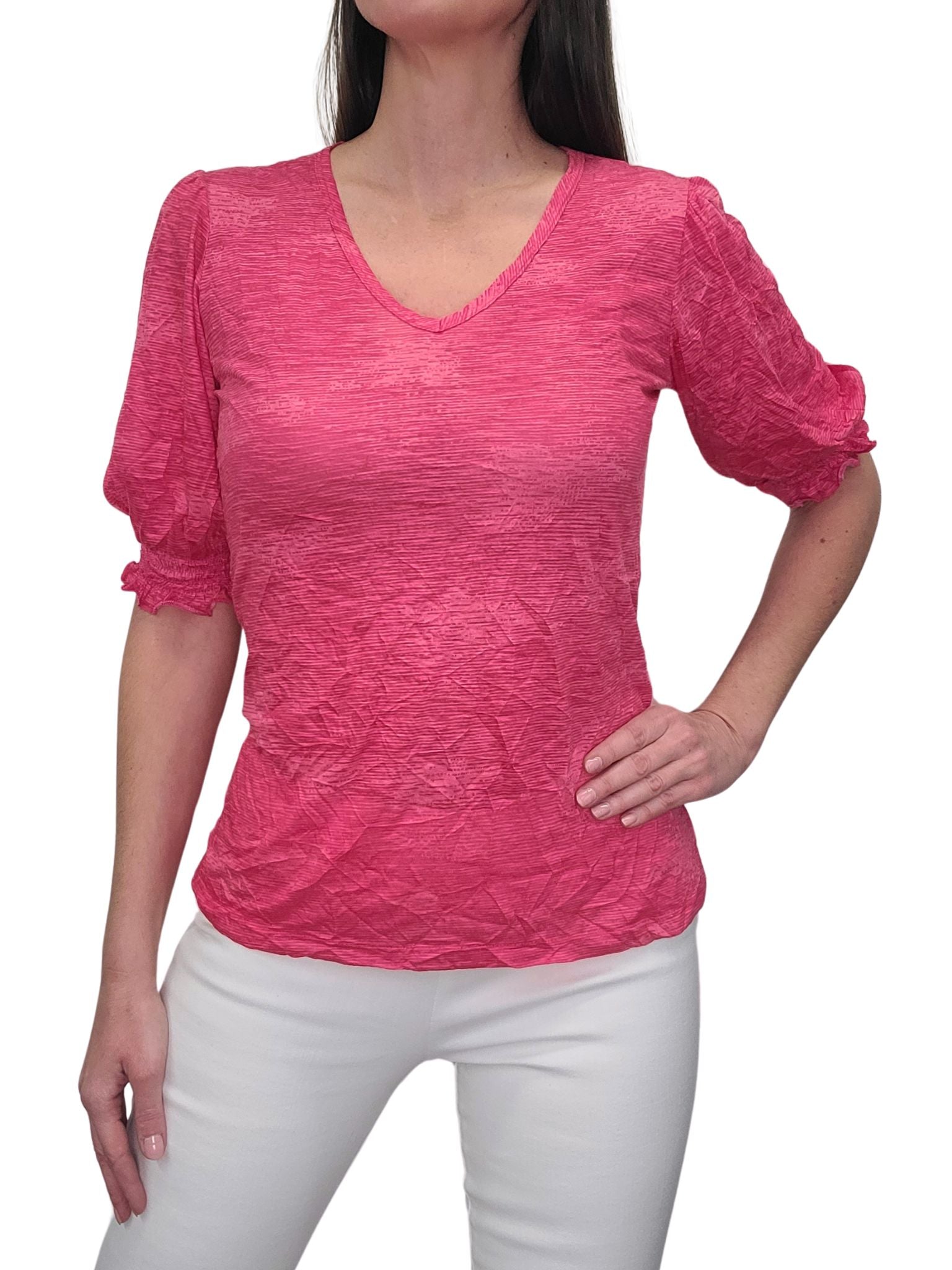 Crushed Smocked Sleeve Magenta V-Neck