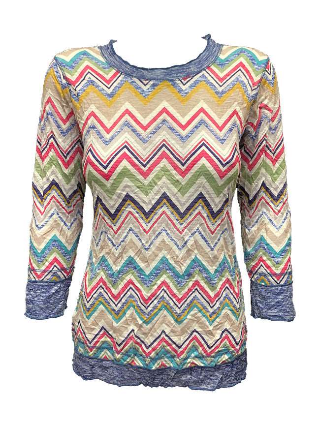 Crushed 3/4 Sleeve Zig Crew Neck