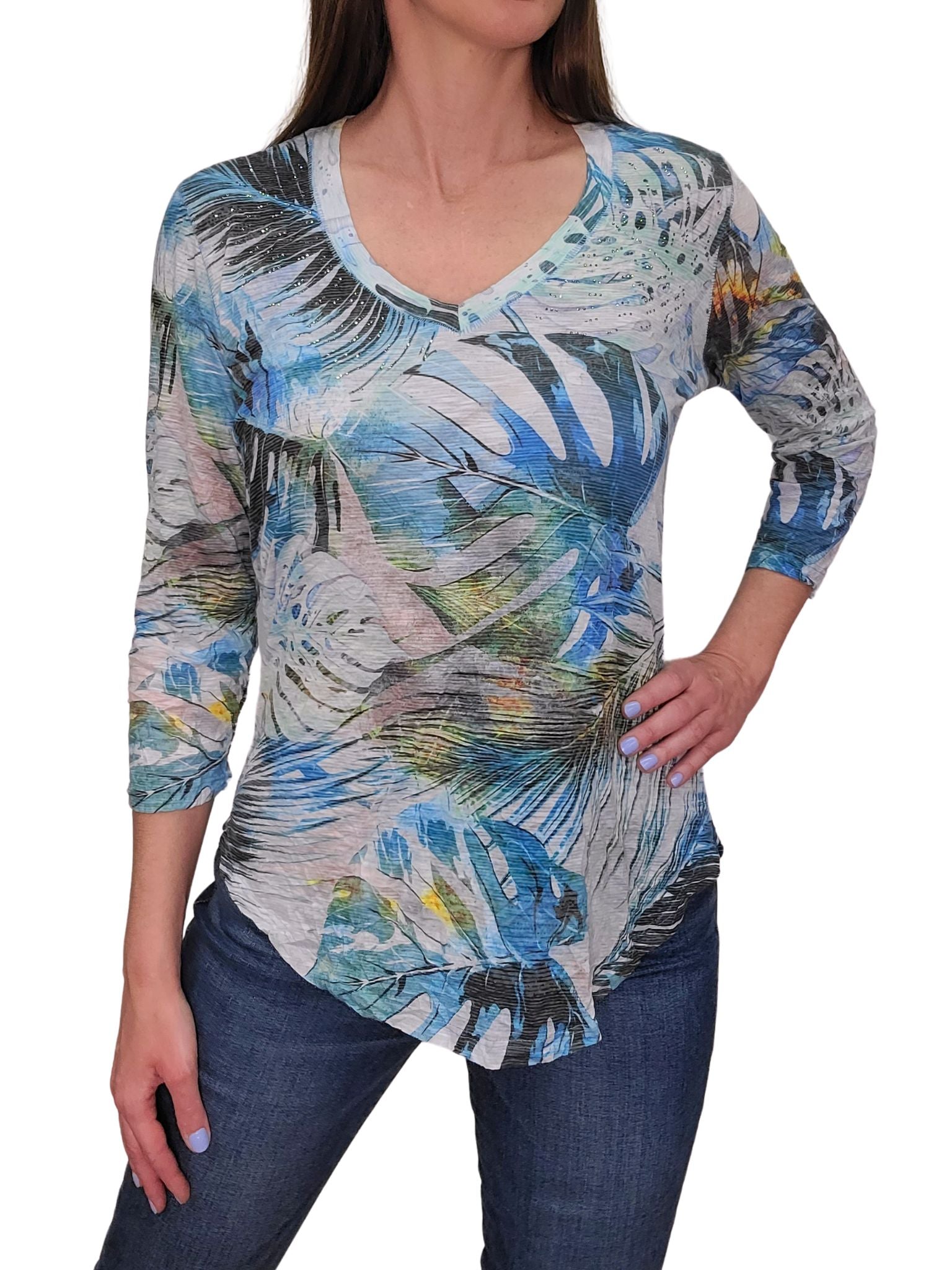 Crushed 3/4 Sleeve Sunrise V-Neck with Rhinestones