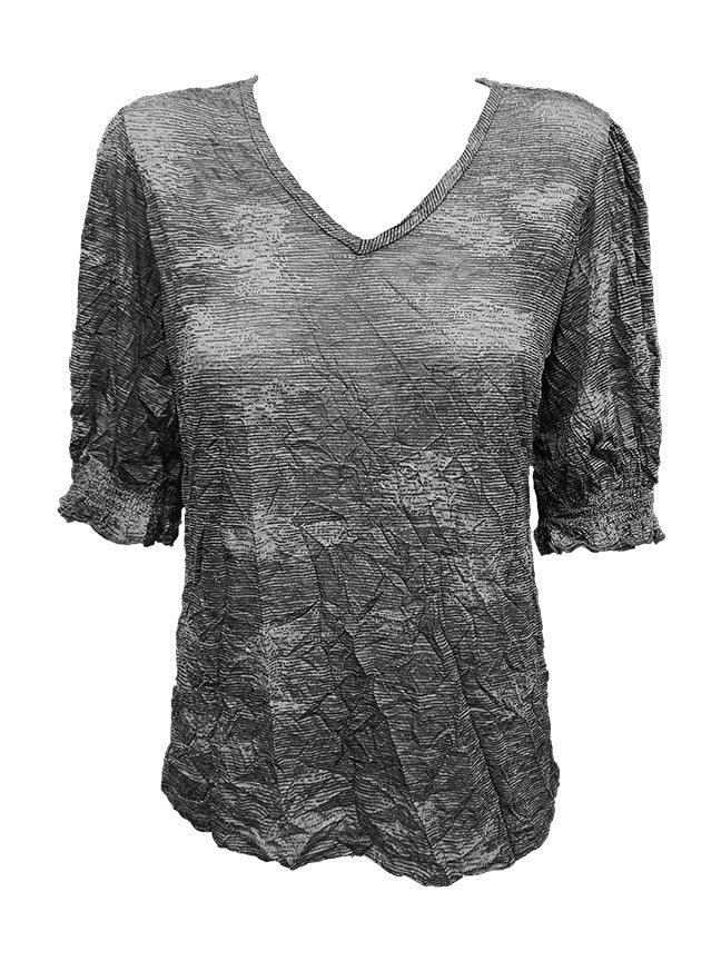 Crushed Smocked Sleeve Black V-Neck
