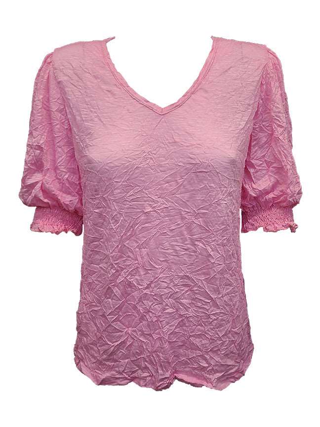 Crushed Smocked Sleeve Blush V-Neck