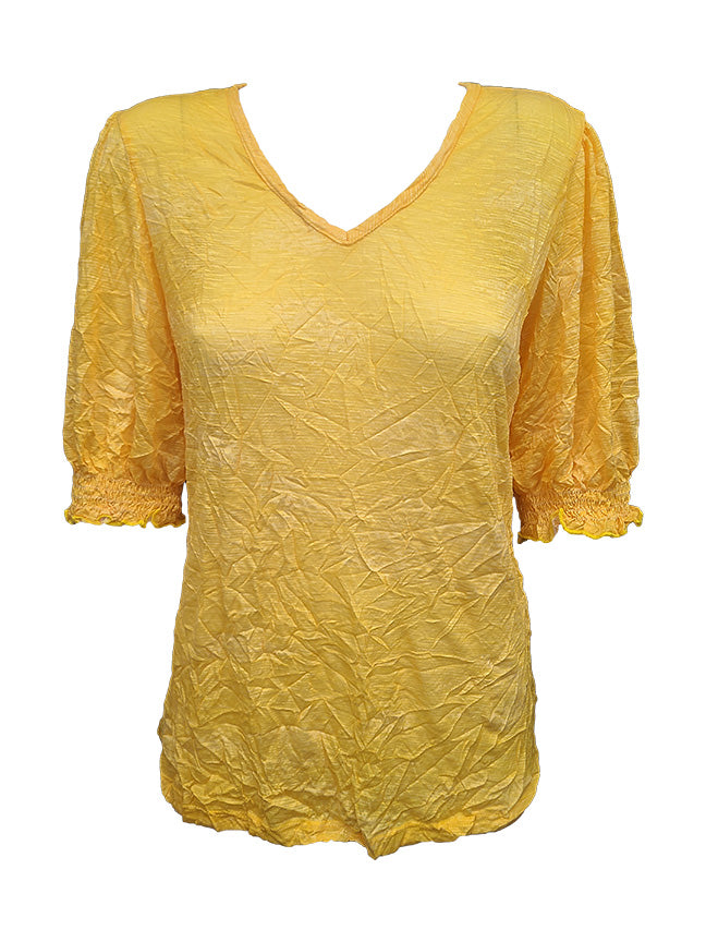 Crushed Smocked Sleeve Citron V-Neck