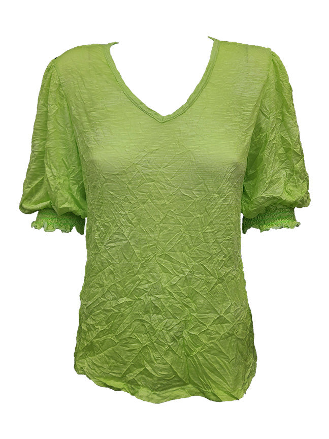 Crushed Smocked Sleeve Lime V-Neck