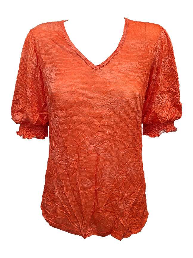 Crushed Smocked Sleeve Tang V-Neck