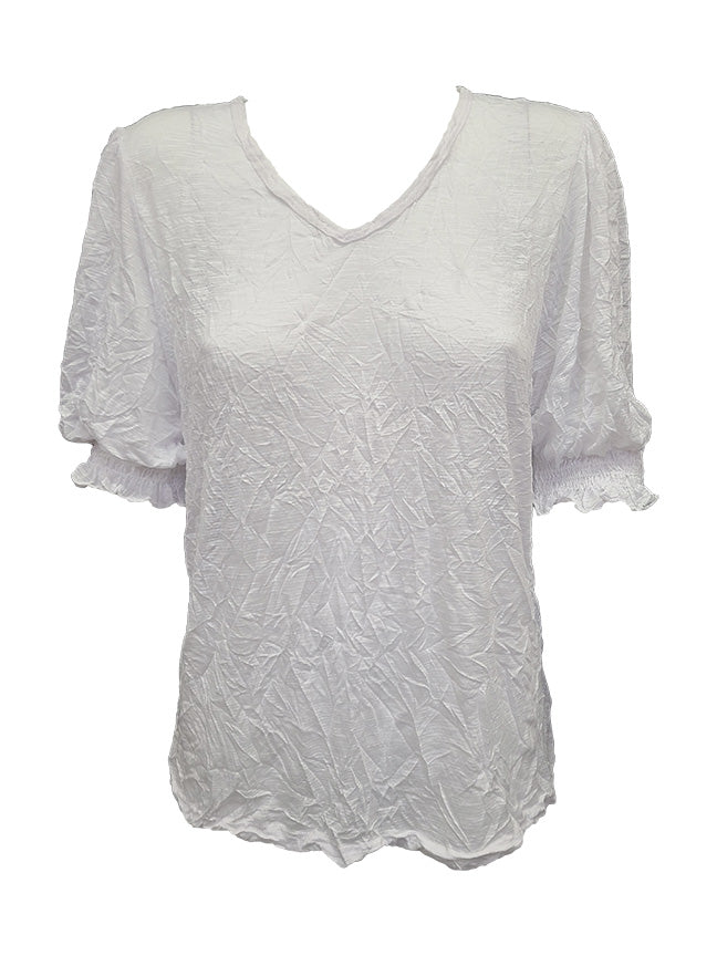 Crushed Smocked Sleeve White V-Neck