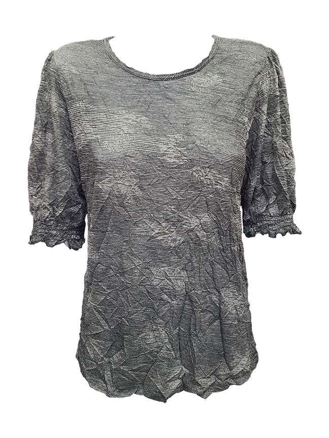 Crushed Smocked Sleeve Black Crew Neck