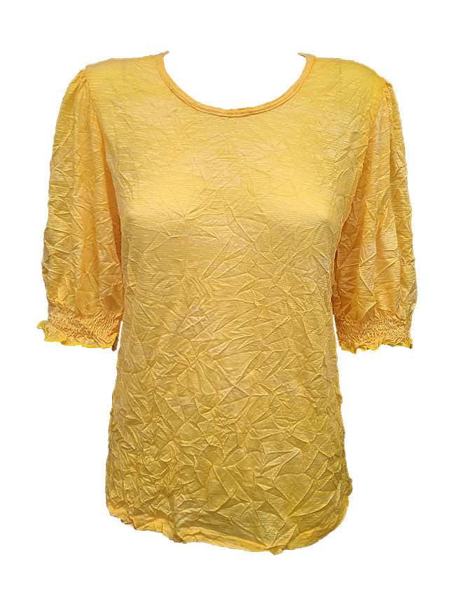 Crushed Smocked Sleeve Citron Crew Neck