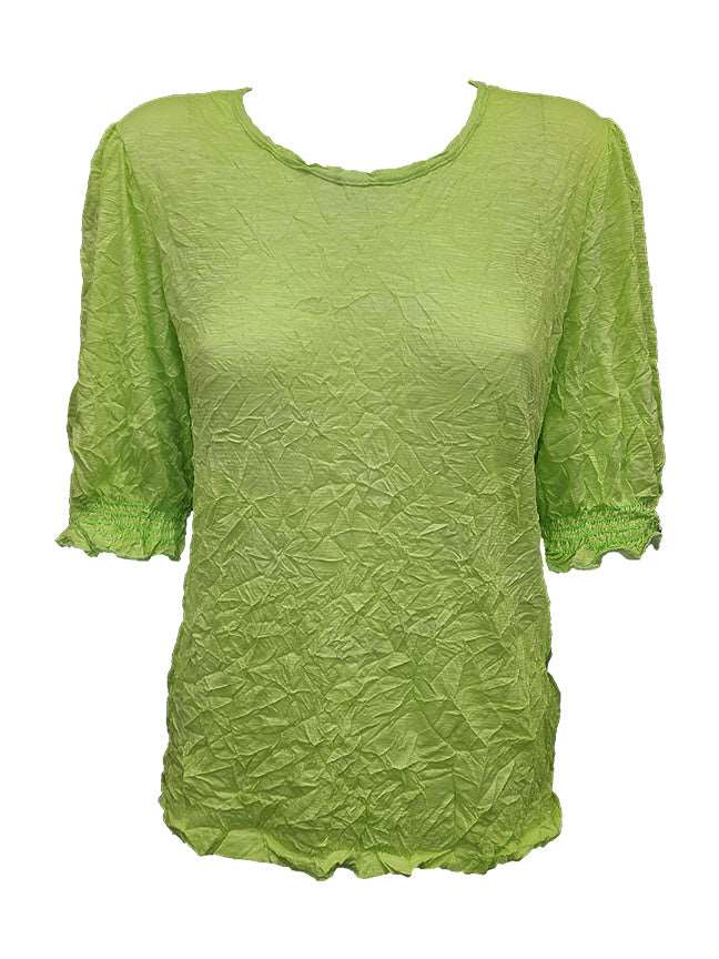 Crushed Smocked Sleeve Lime Crew Neck