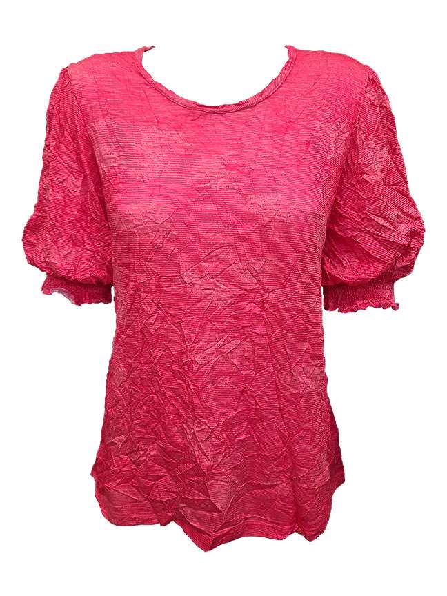 Crushed Smocked Sleeve Magenta Crew Neck
