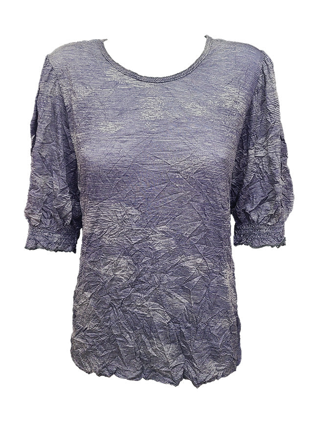 Crushed Smocked Sleeve Navy Crew Neck