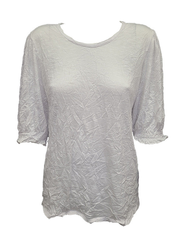 Crushed Smocked Sleeve White Crew Neck