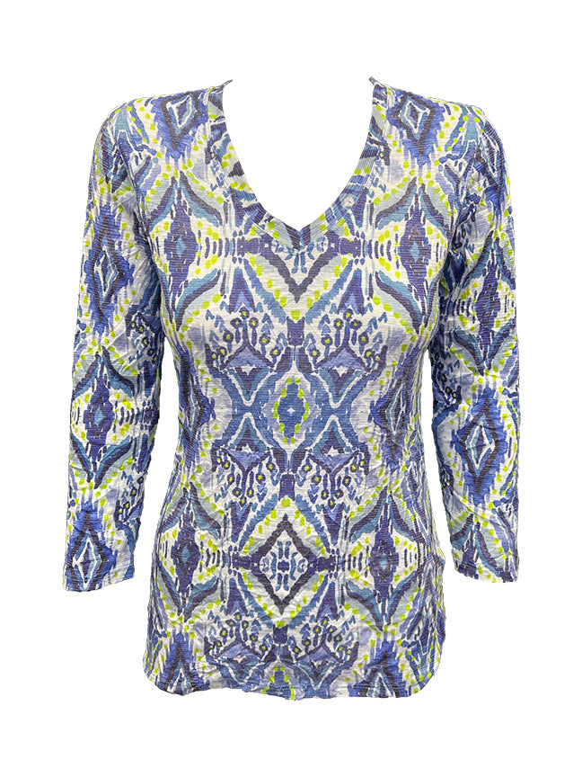 Crushed 3/4 Sleeve Ikat V-Neck