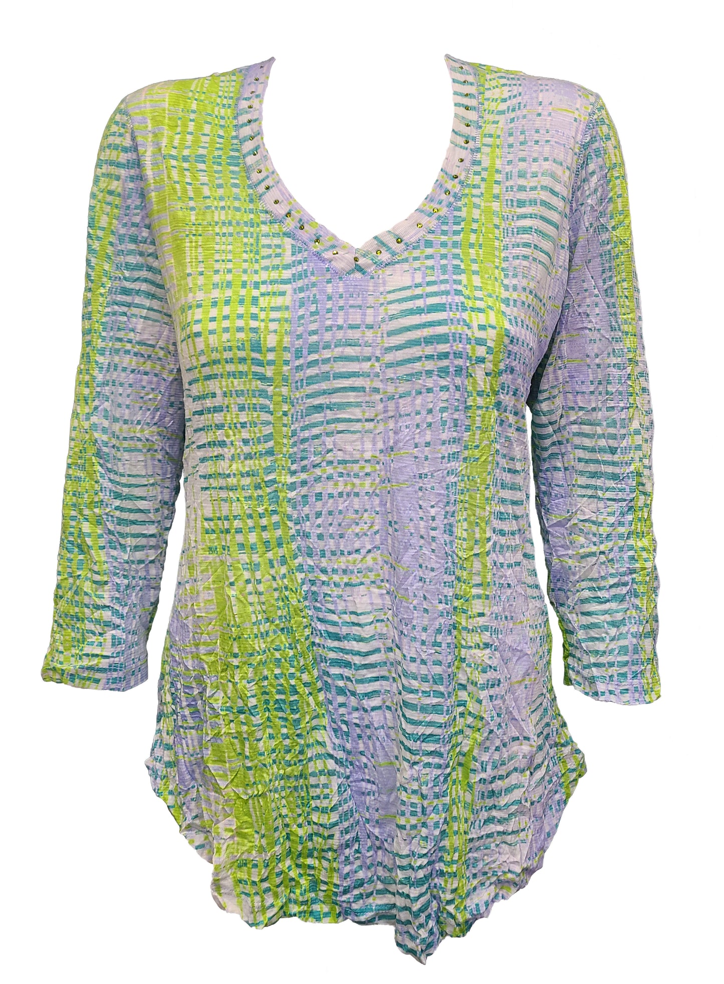 Crushed 3/4 Sleeve Lime V-Neck with Rhinestones