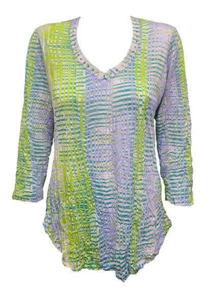 Crushed 3/4 Sleeve Lime V-Neck with Rhinestones