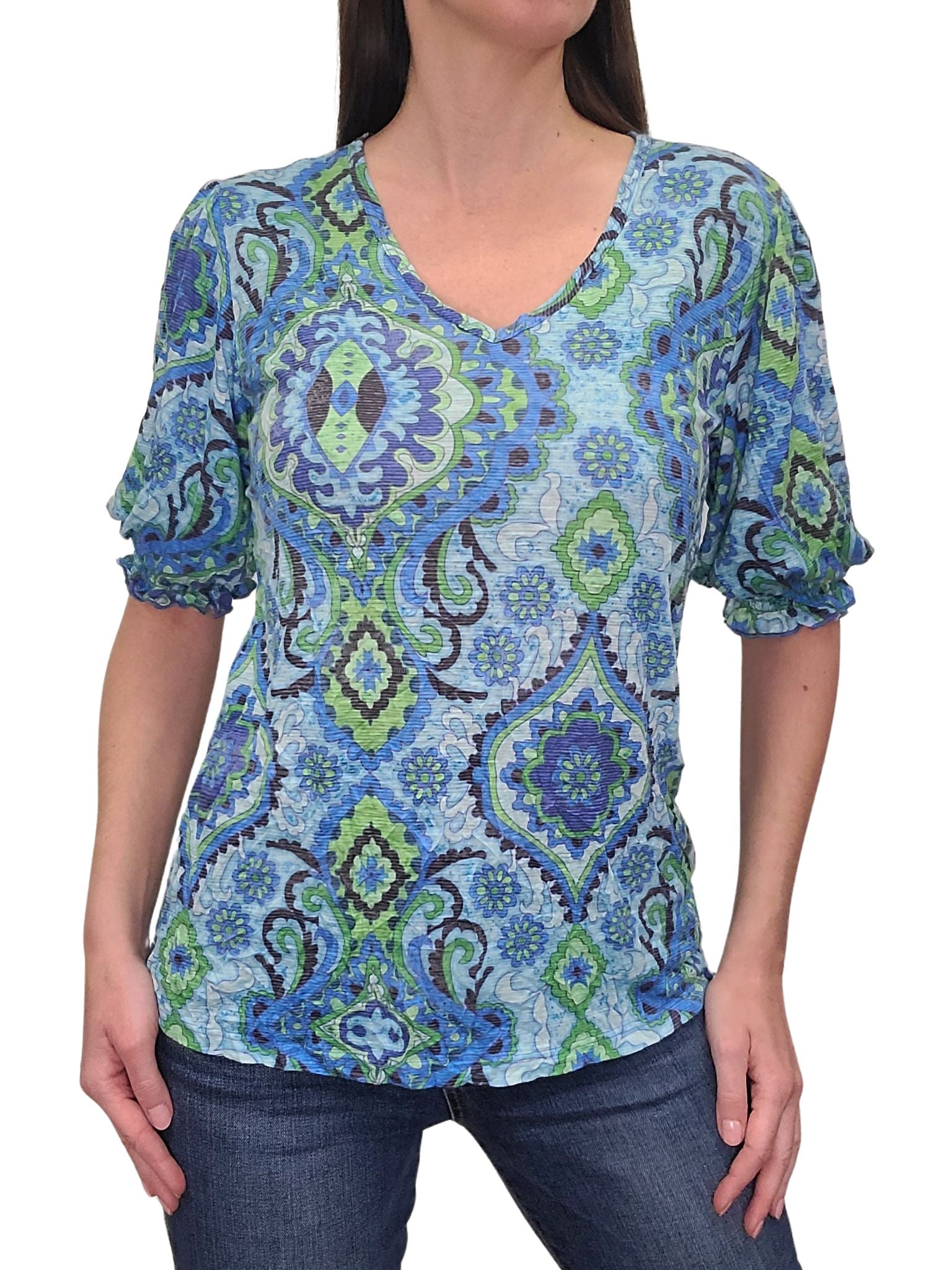 Crushed Smocked Sleeve Tribal V-Neck