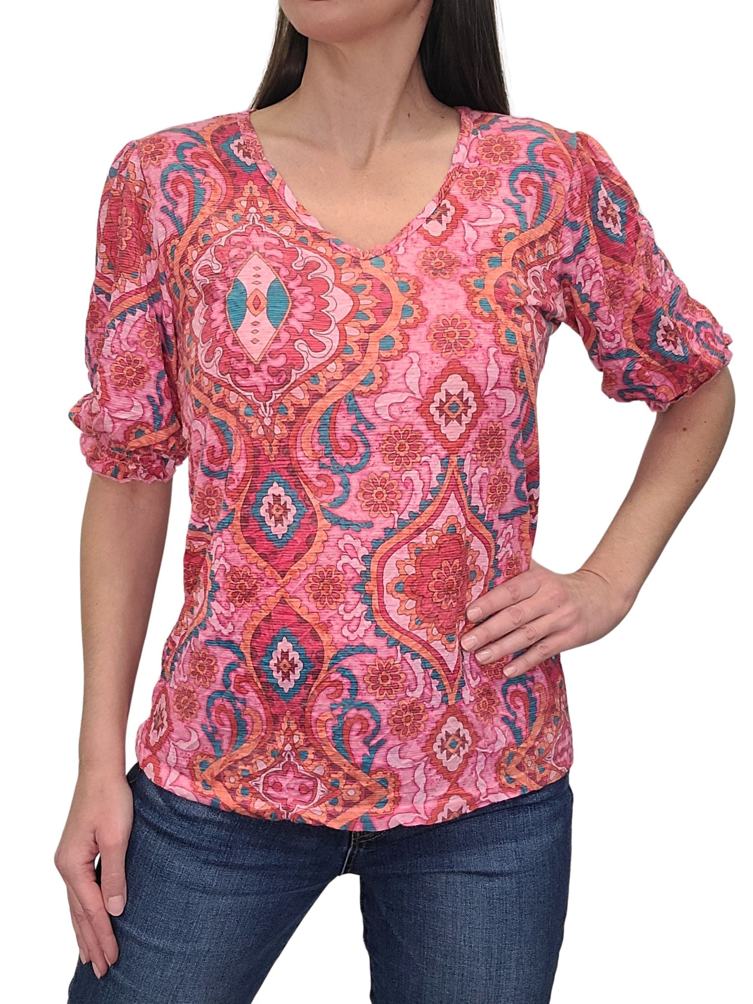Crushed Smocked Sleeve Aztec V-Neck