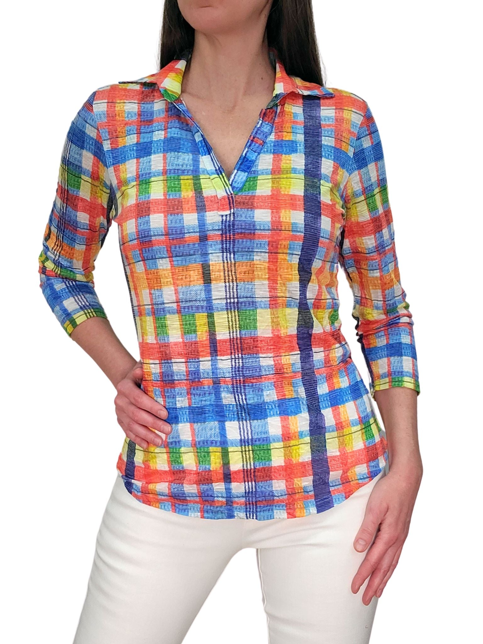 Crushed 3/4 Sleeve 'Plaid' Polo