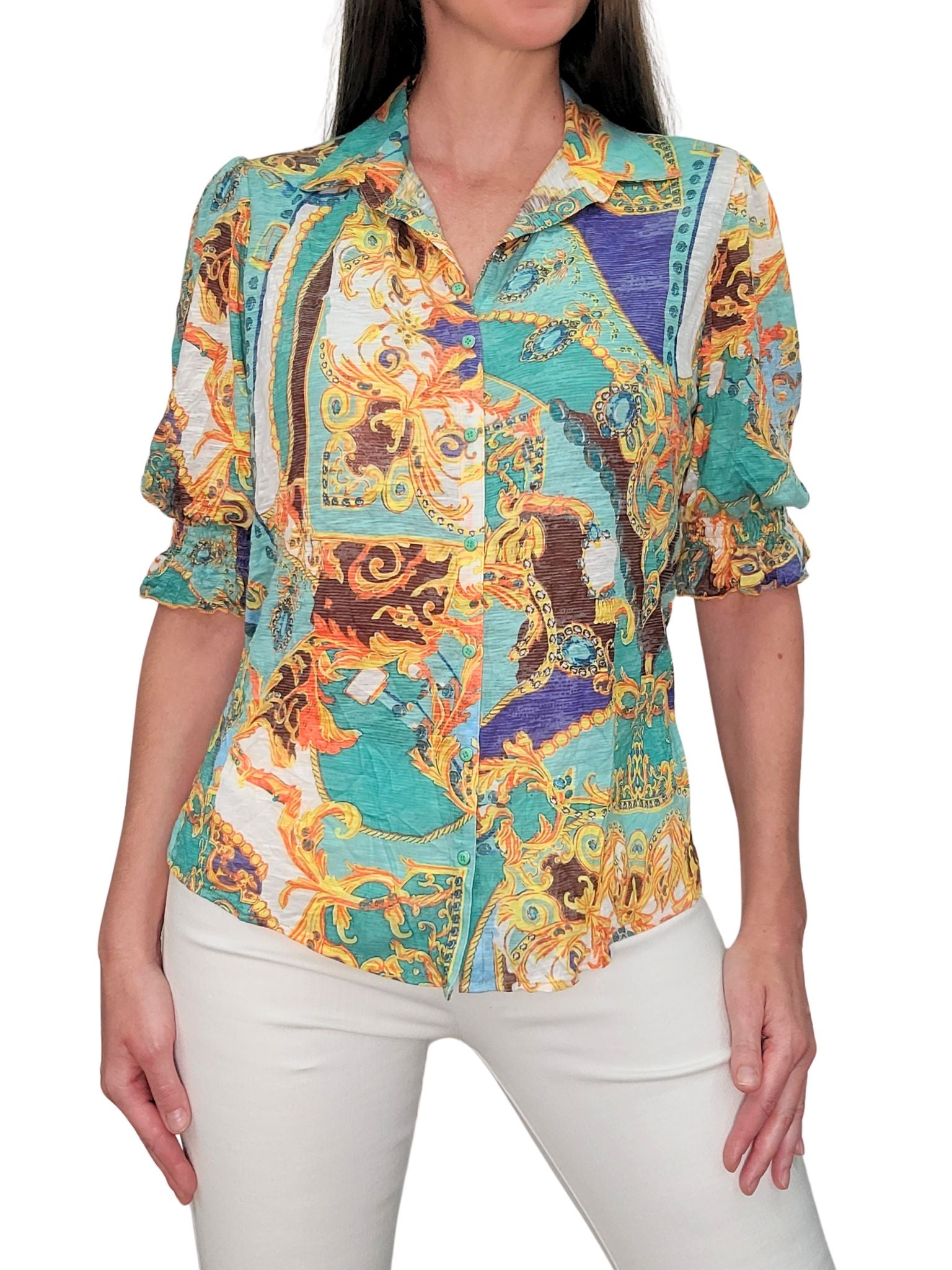 스모크 슬리브가 있는 가든 칼라 블라우스 