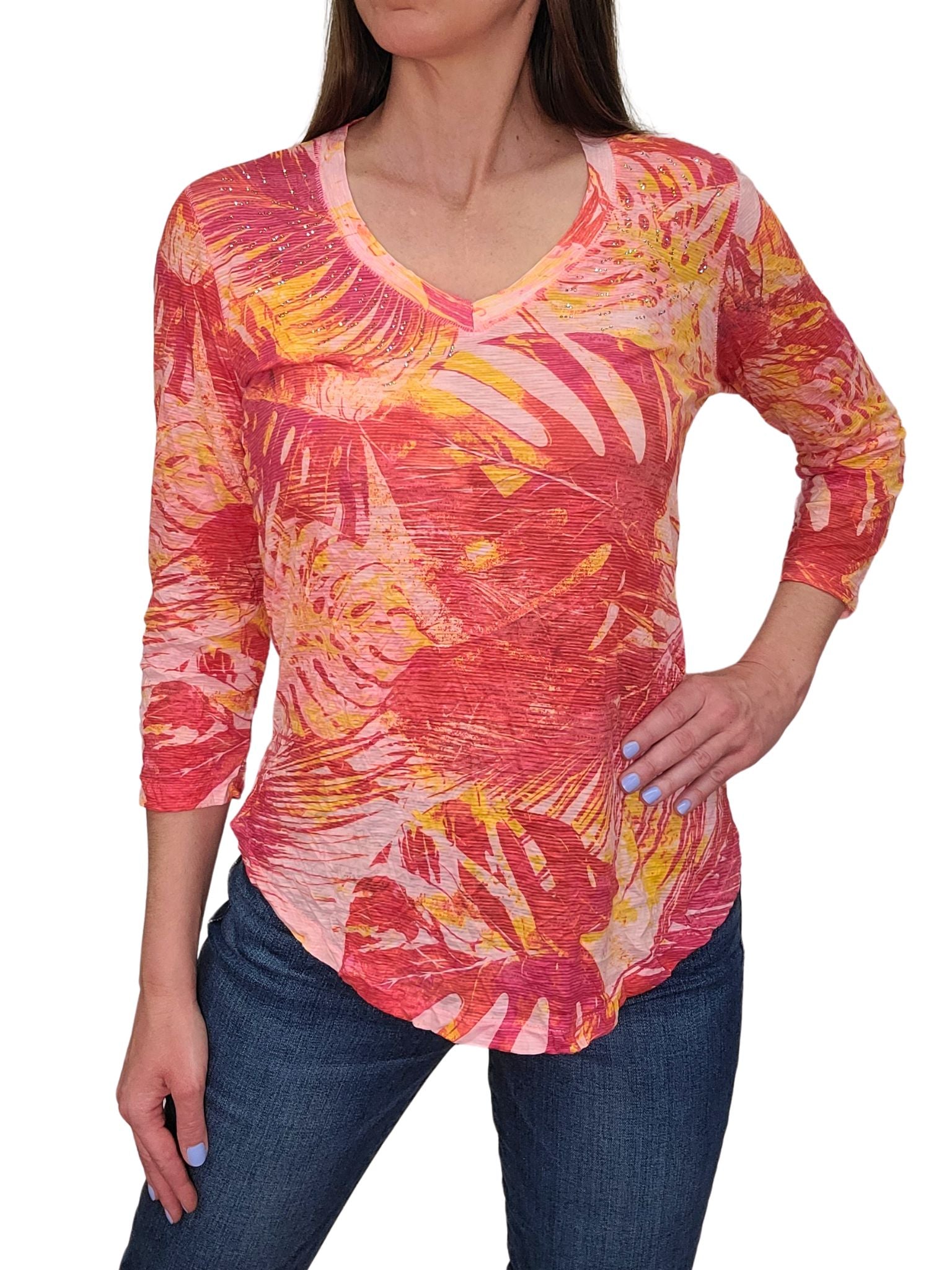 Crushed 3/4 Sleeve Sunset V-Neck