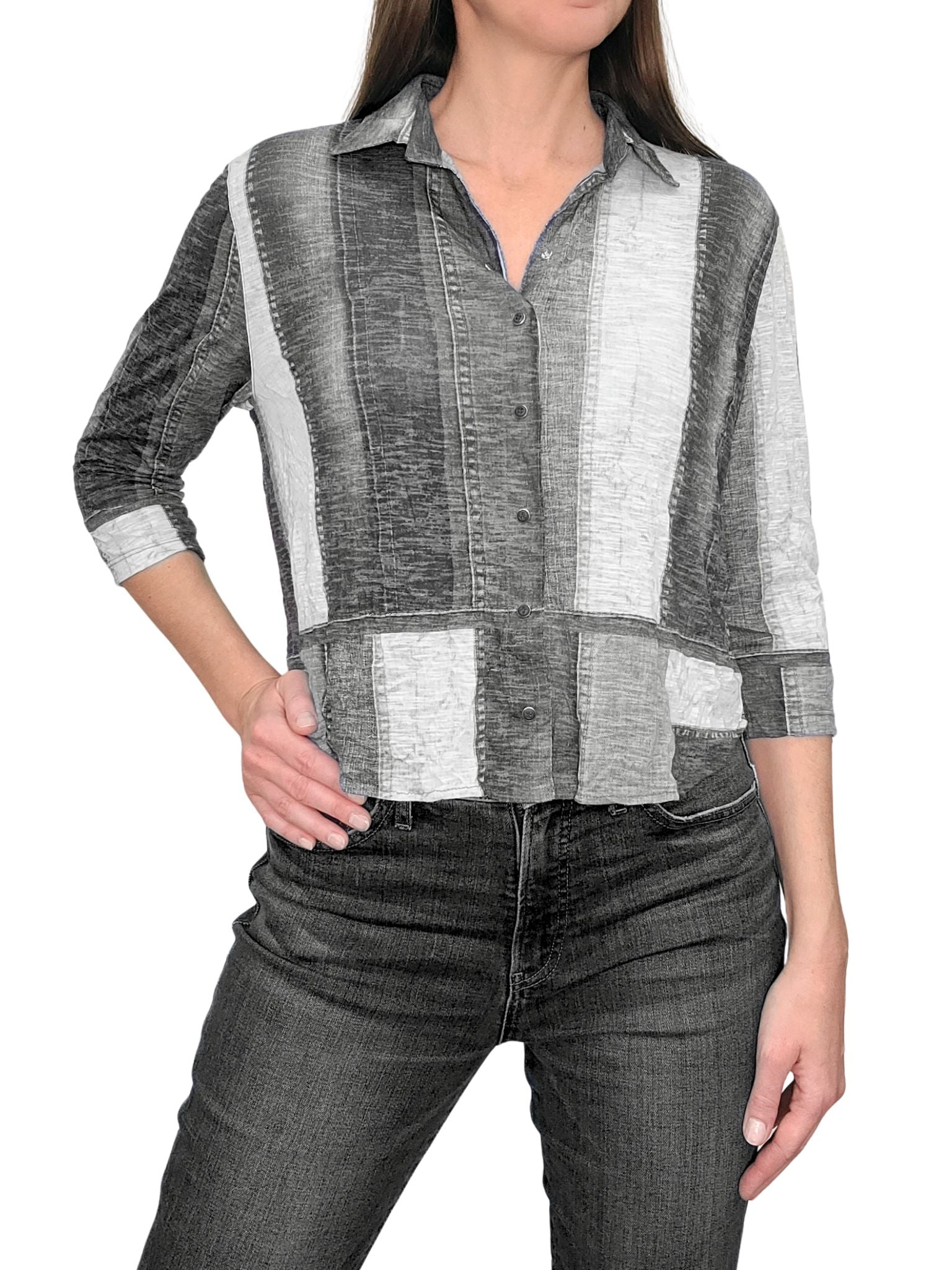 Hemd mit zerknittertem Blattmuster und 3/4-Ärmeln 