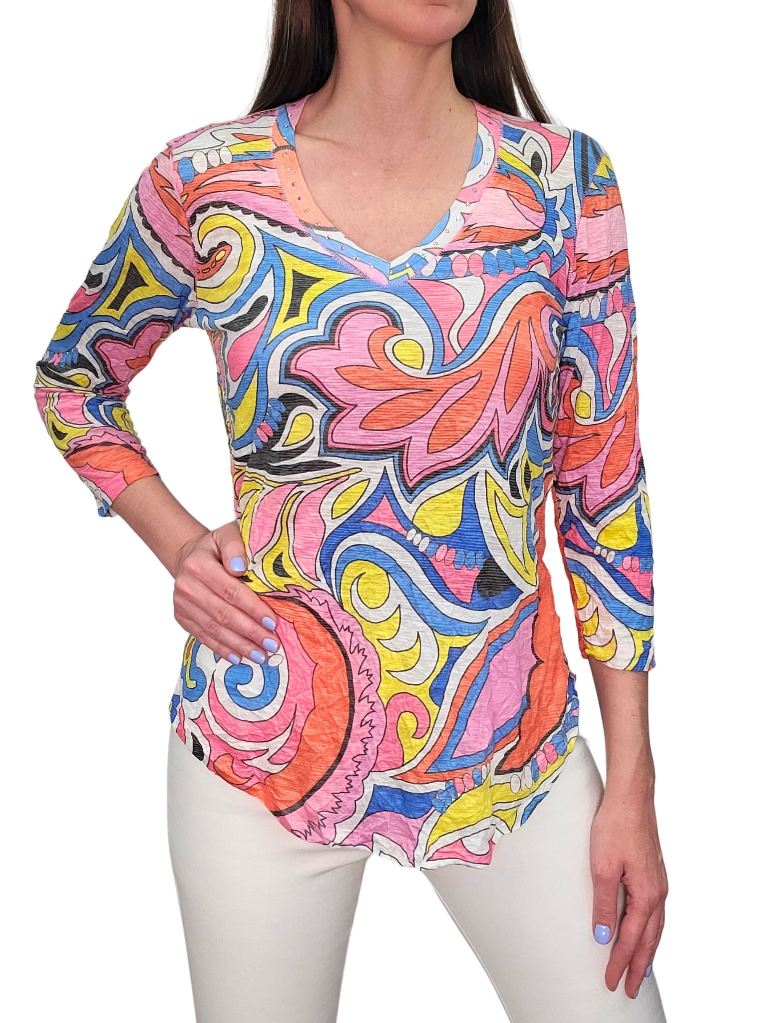 Crushed 3/4 Sleeve 'Pucci' V-Neck