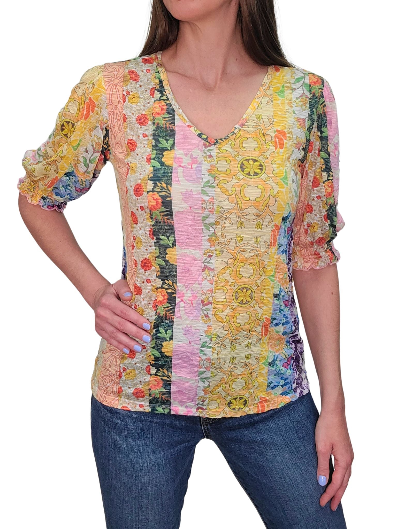 Crushed Smocked Sleeve Art V-Neck