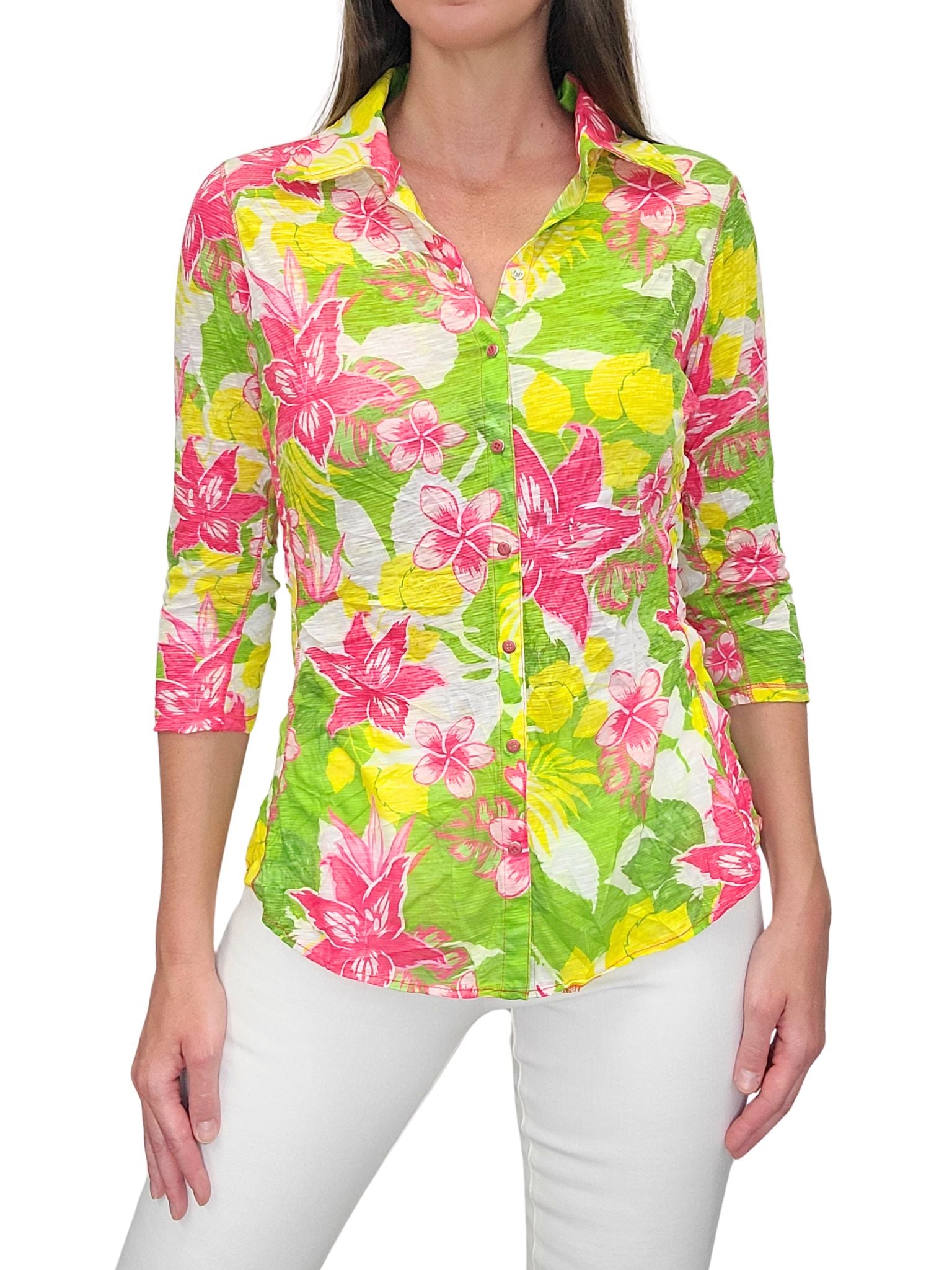 크러쉬드 3/4 슬리브 리프 셔츠 