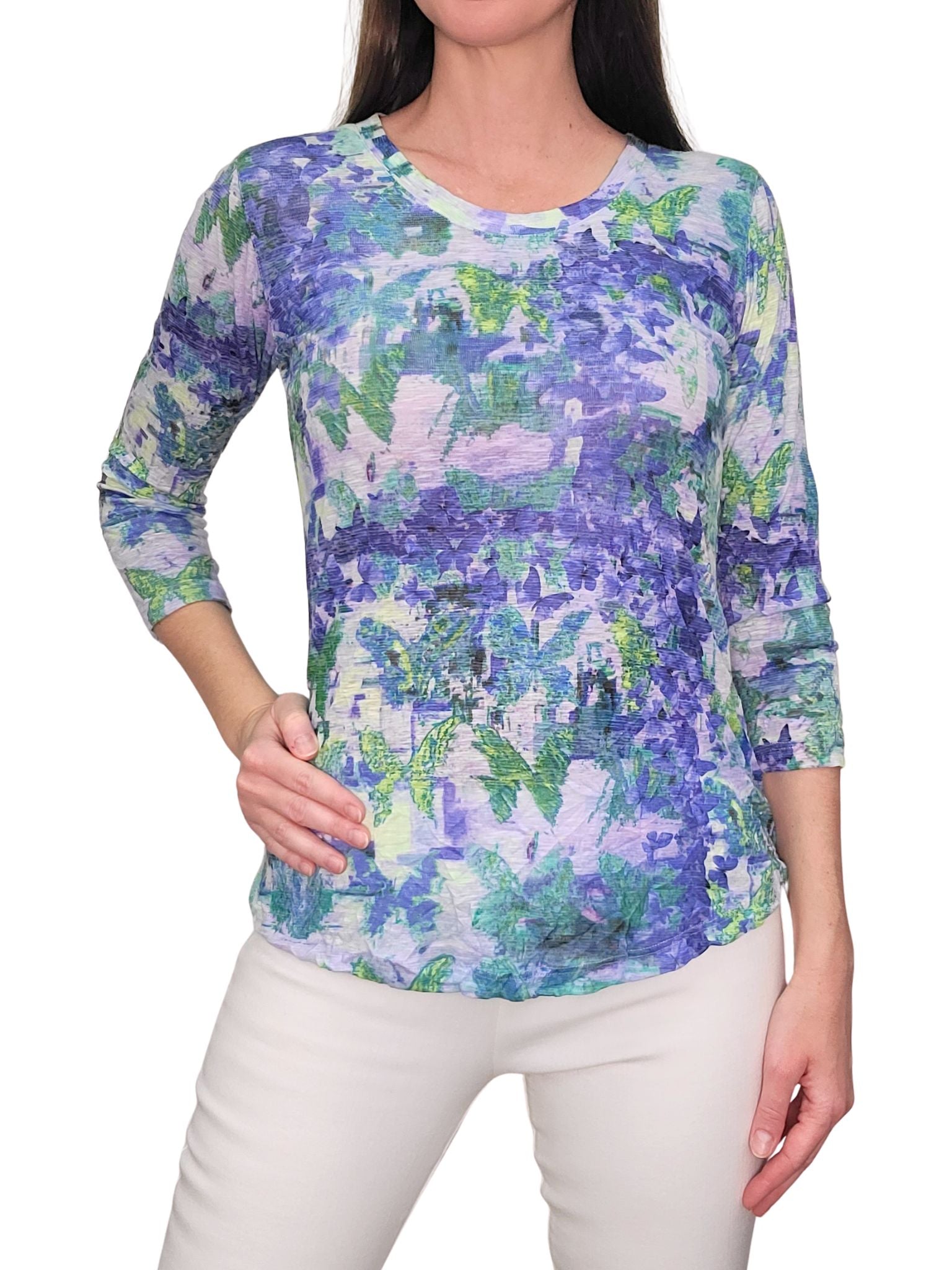 Crushed 3/4 Ärmel Wave Rundhalsausschnitt mit Steinen