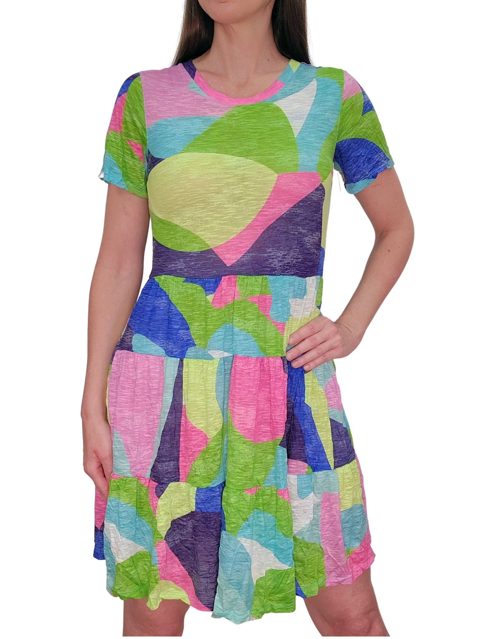Women's tiered babydoll mini dress with short sleeves - playful abstract geometric pattern in kiwi green, sapphire blue, lavender purple, hot pink, lemon yellow and crisp white for casual weekends or vacation