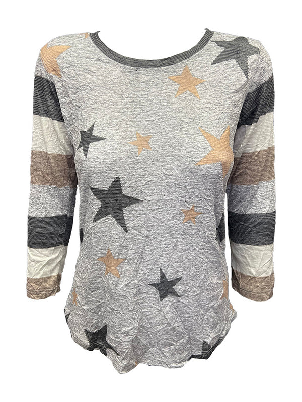 Crushed 3/4 Sleeve Star Crew Neck
