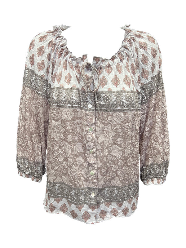 Crushed Neutral Peasant Blouse